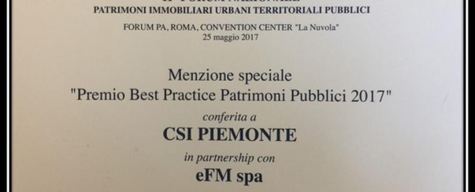 eFM e CSI Piemonte ottengono la menzione speciale del Premio Best Practice Patrimoni Pubblici.